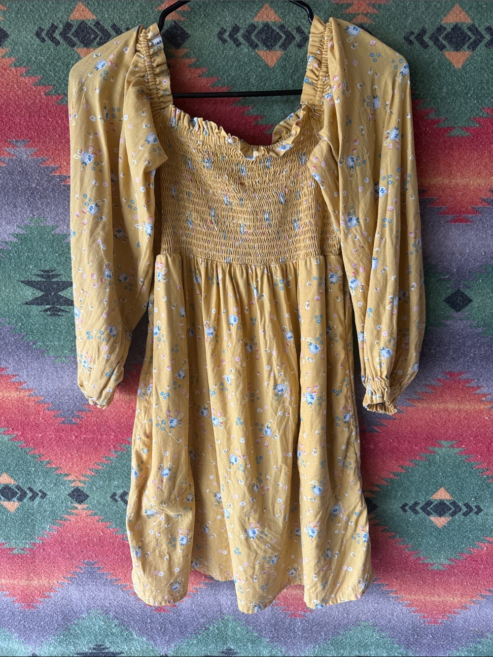 Wrangler x Billabong Mustard Smocked Top dress with Blue & White Accents